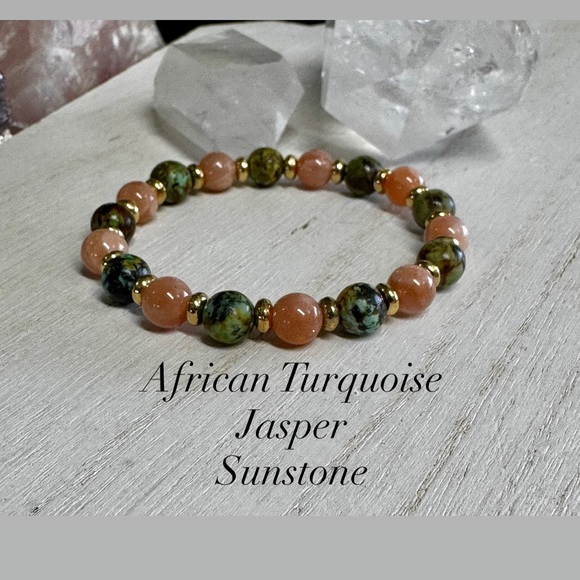 Hand Crafted Jewelry - Sunstone & African Turquoise Jasper Gemstone Stretch Bracelet